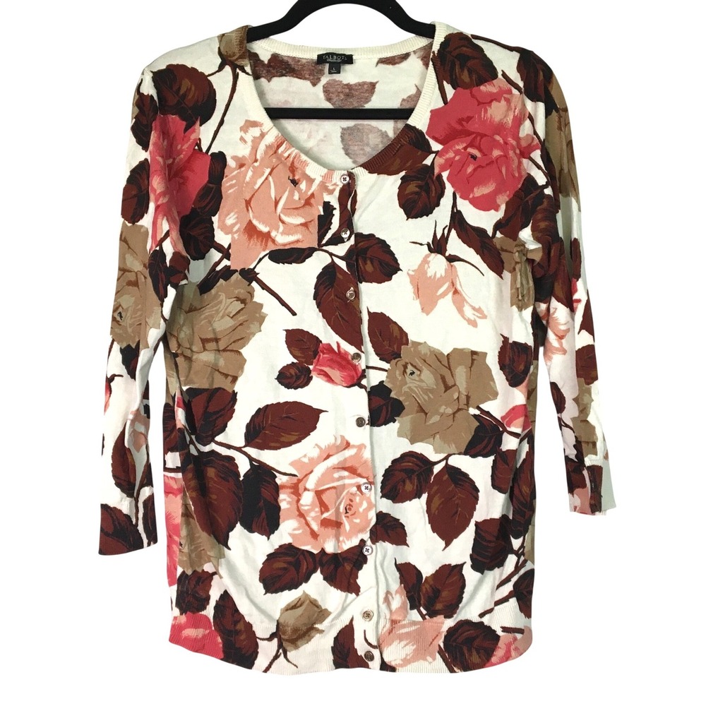 Talbots Floral Silk Cotton Button Front Cardigan Size L White Pink Brown
